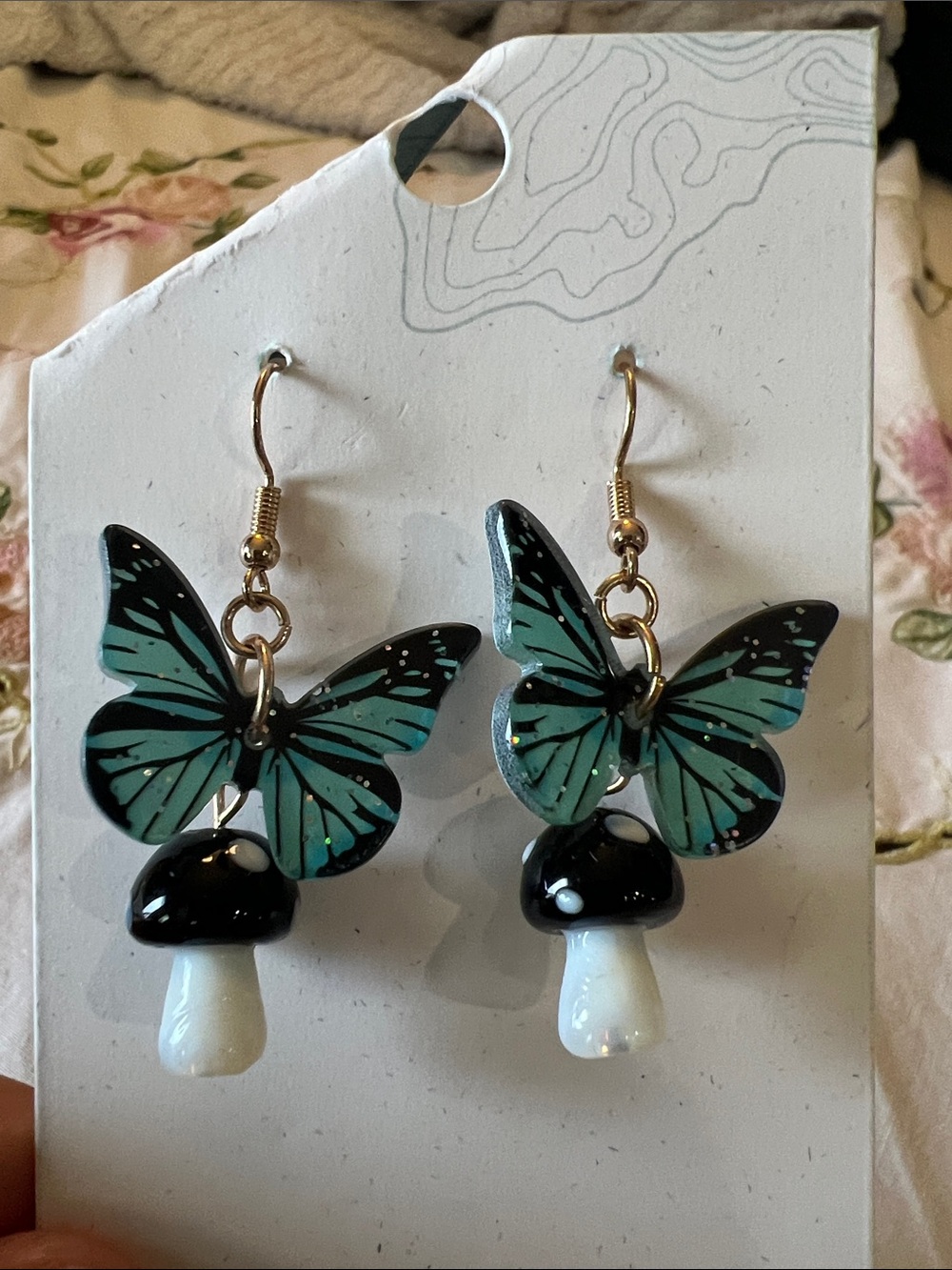 Glass Mushroom and Teal Glittery Butterfly Earrings